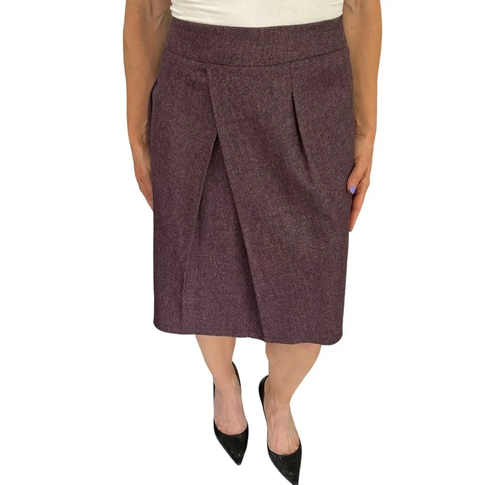 ETRO Wool Check Plum Purple Straight Skirt Front Cross Pleat sz 42 12 Large